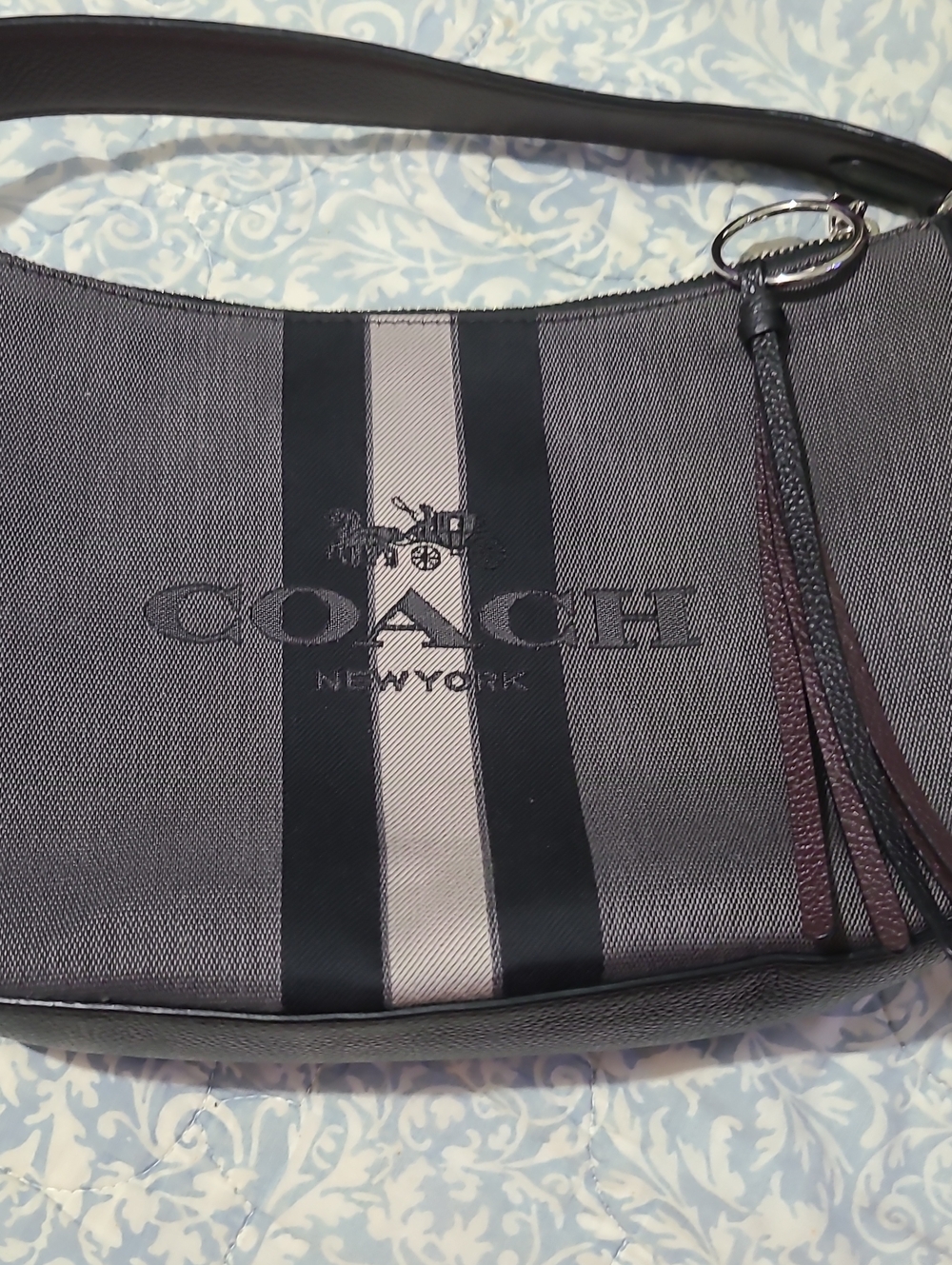 Coach Gray & Black Stripe Shoulder Bag with Tassel